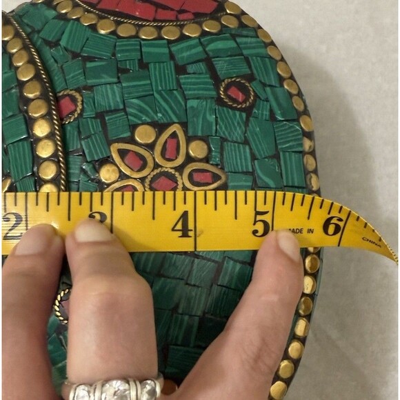 Handmade Mosaic Shell Clutch Turquoise Red Coral Brass Western Boho - Picture 12 of 15